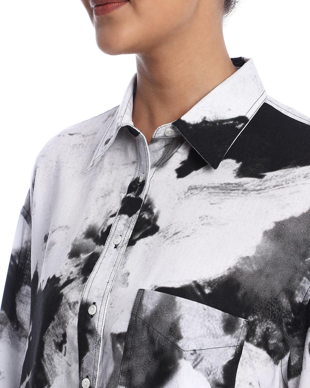 Benna Black & White Floral Print Viscose Linen Oversized Shirt for Women - Brussels Fit from GAZILLION - Front Detail