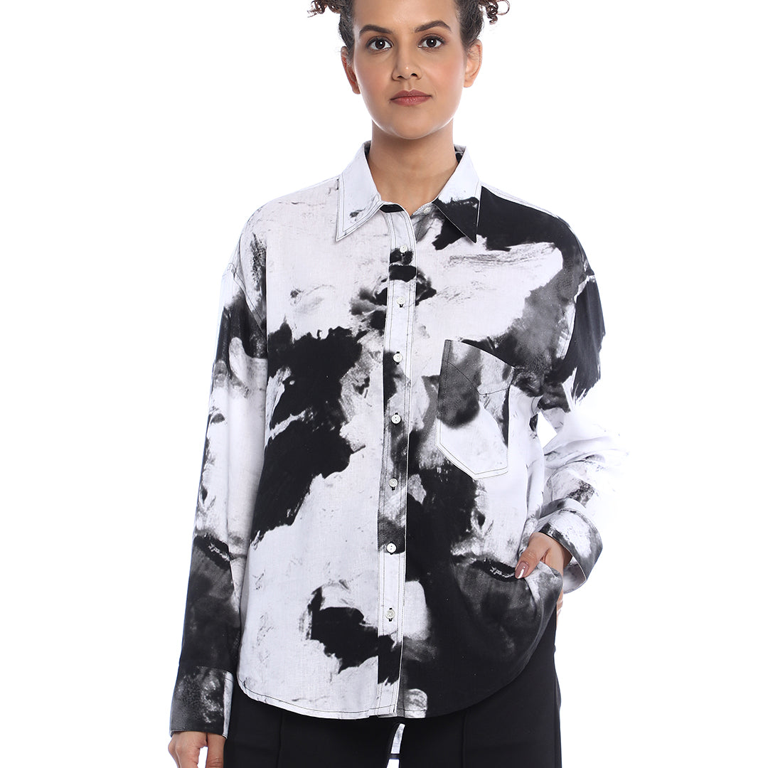 Benna Black & White Floral Print Viscose Linen Oversized Shirt for Women - Brussels Fit from GAZILLION - Front Look