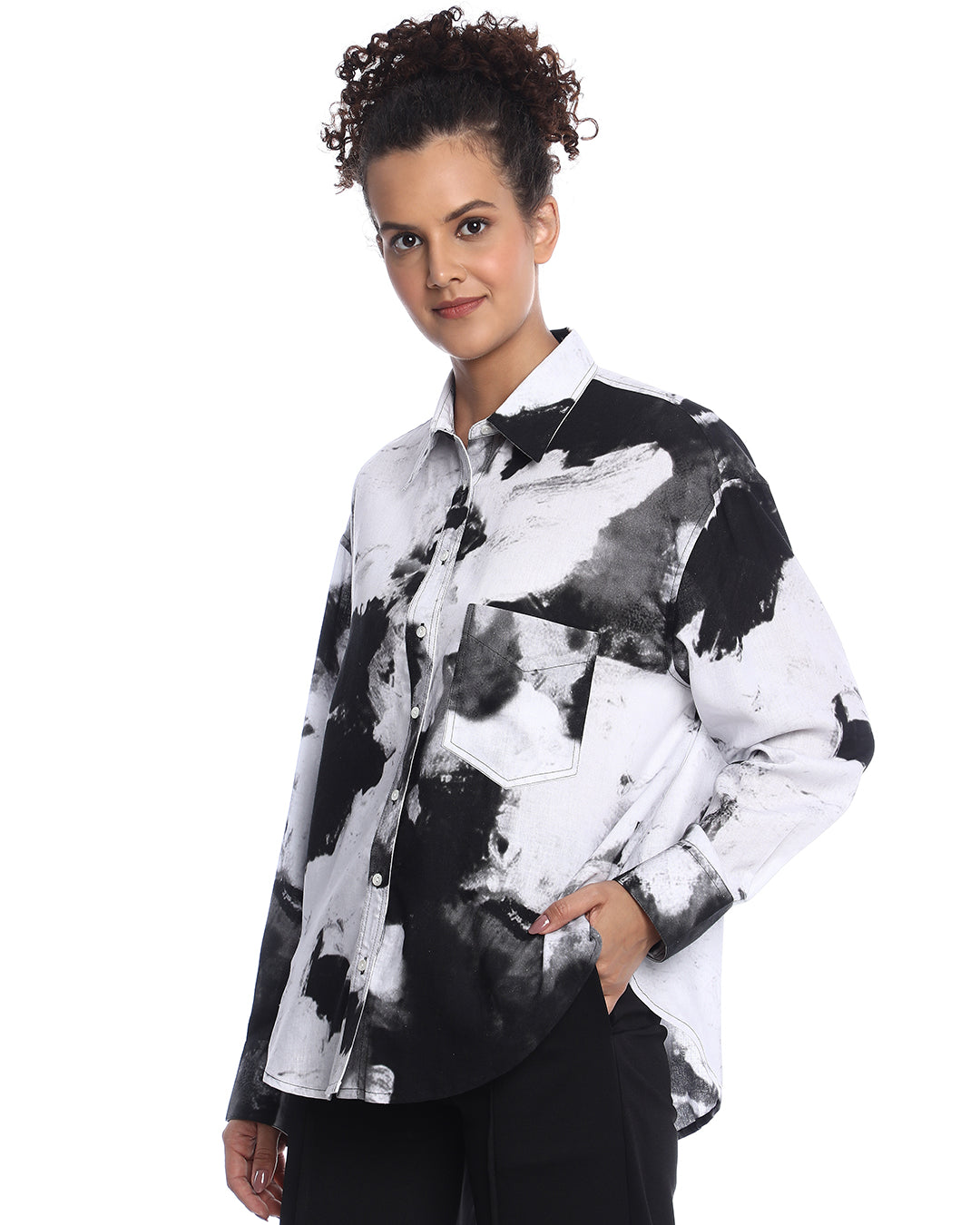 Benna Black & White Floral Print Viscose Linen Oversized Shirt for Women - Brussels Fit from GAZILLION - Left Side Look