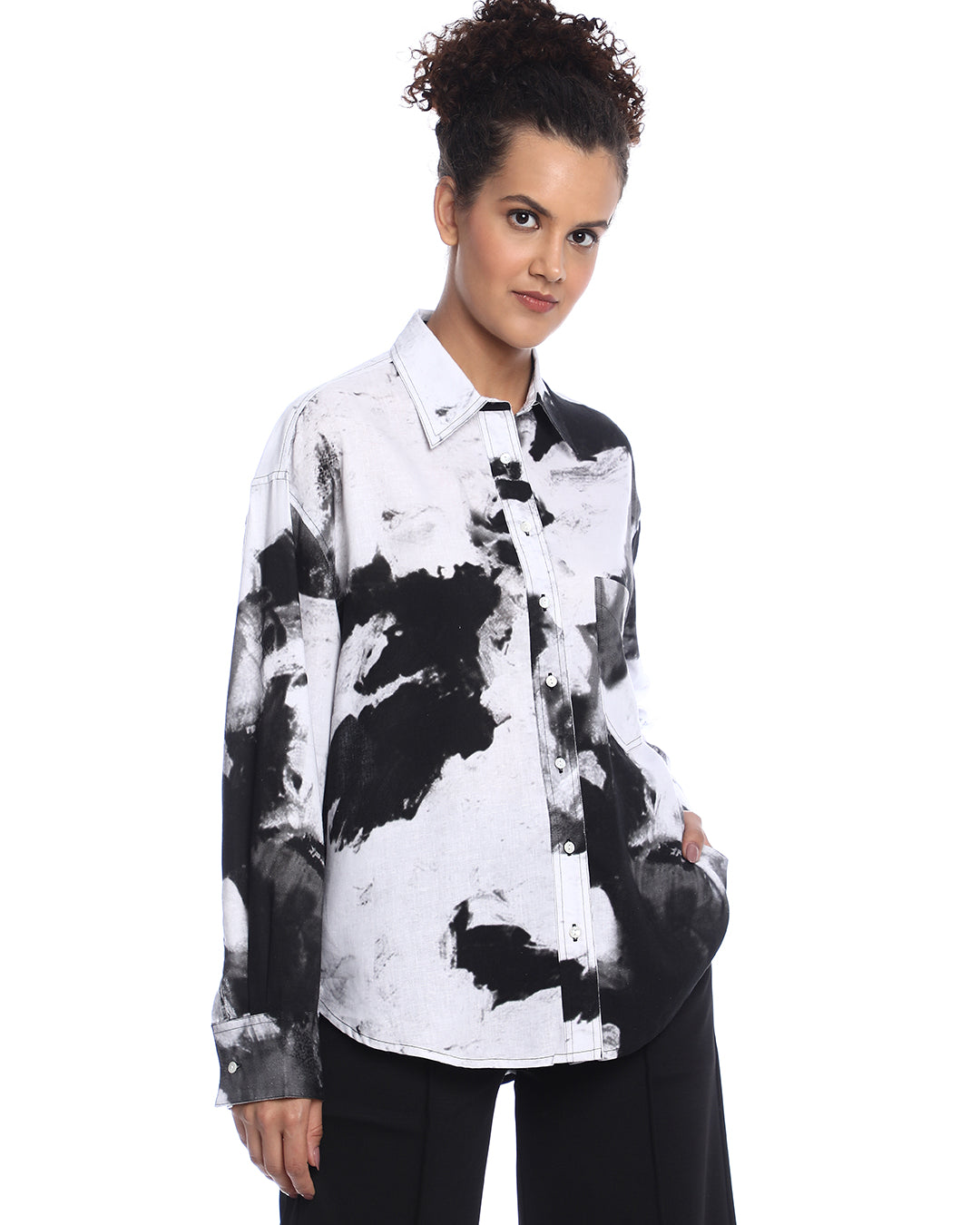 Benna Black & White Floral Print Viscose Linen Oversized Shirt for Women - Brussels Fit from GAZILLION - Right Side Look