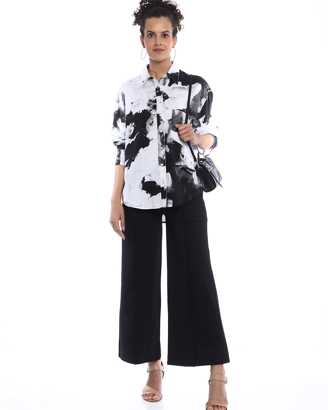 Benna Black & White Floral Print Viscose Linen Oversized Shirt for Women - Brussels Fit from GAZILLION - Stylised Look