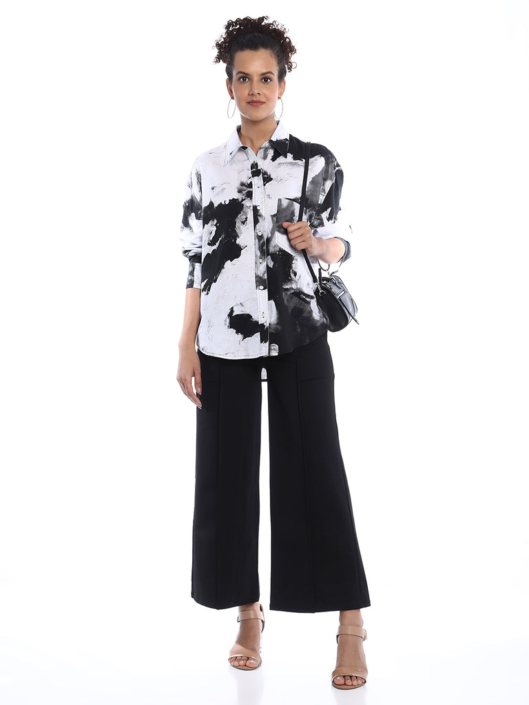 Benna Black & White Floral Print Viscose Linen Oversized Shirt for Women - Brussels Fit from GAZILLION - Stylised Look