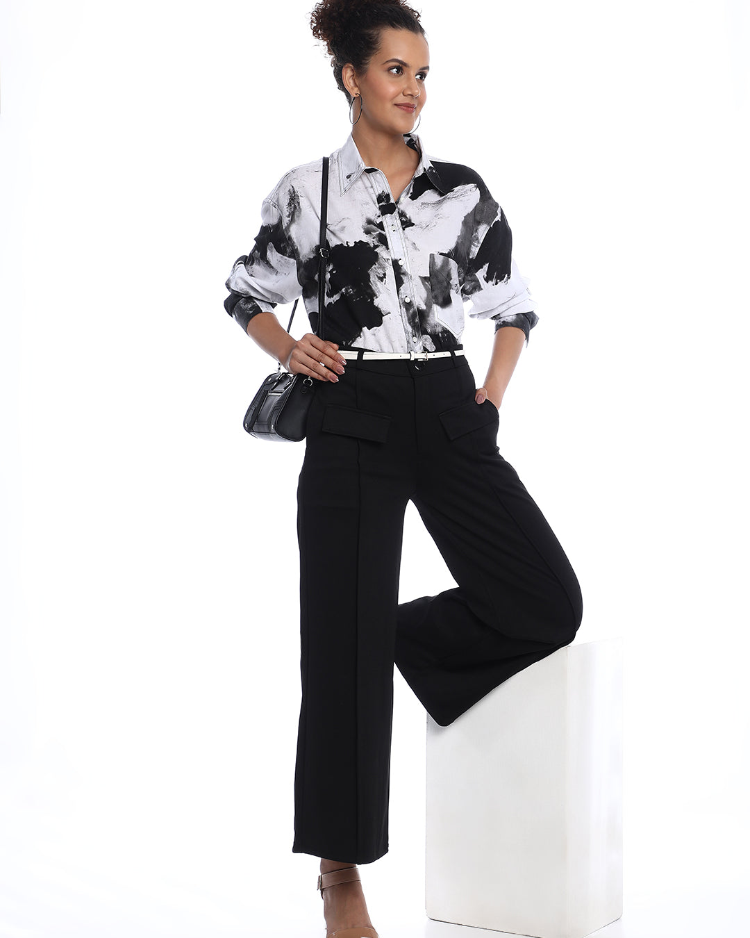 Benna Black & White Floral Print Viscose Linen Oversized Shirt for Women - Brussels Fit from GAZILLION - Stylised Standing Look