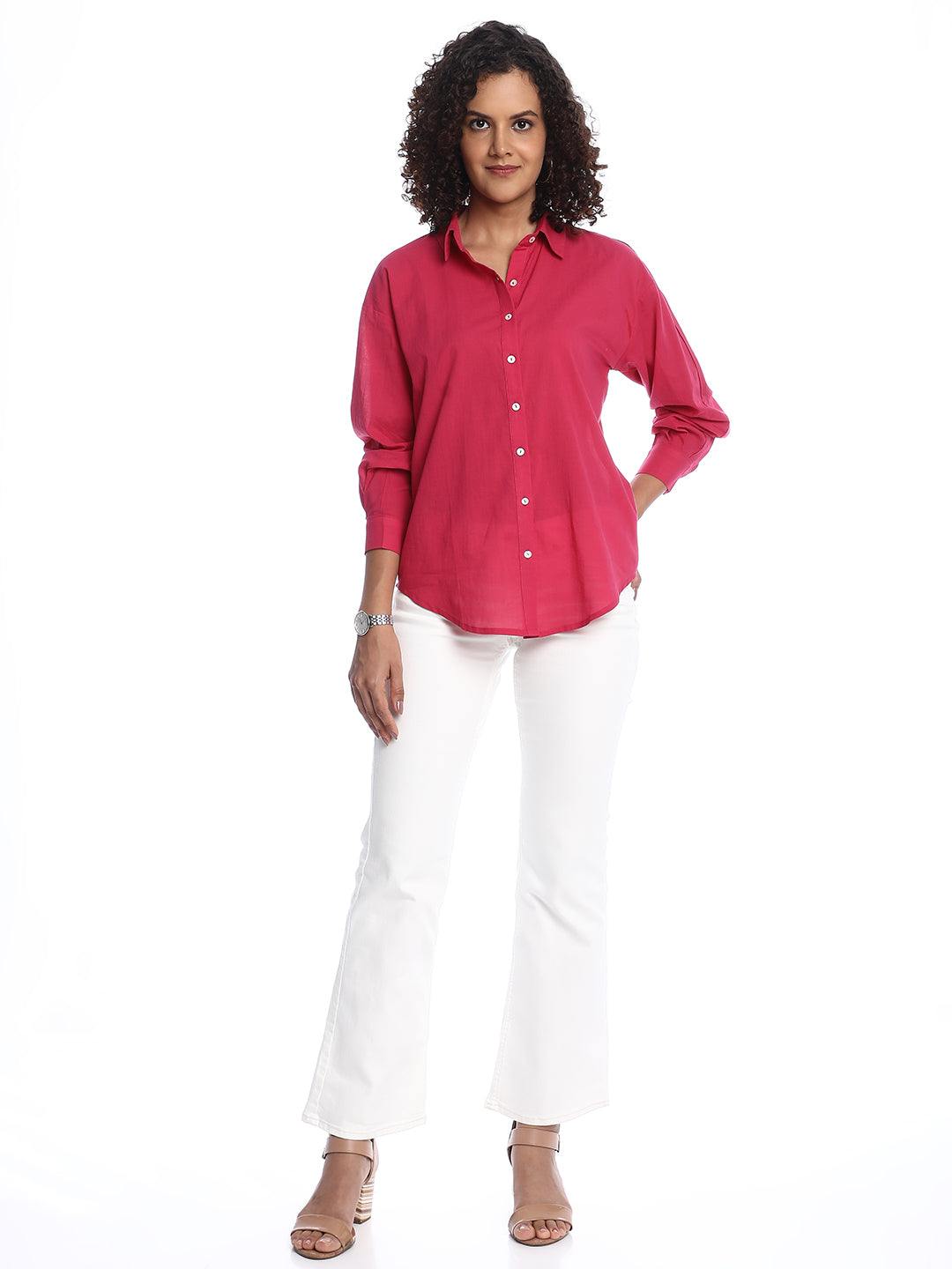 Berry Bright Pink Cotton Drop Shoulder Shirt for Women - Paris Fit from GAZILLION - Stylised Standing Look