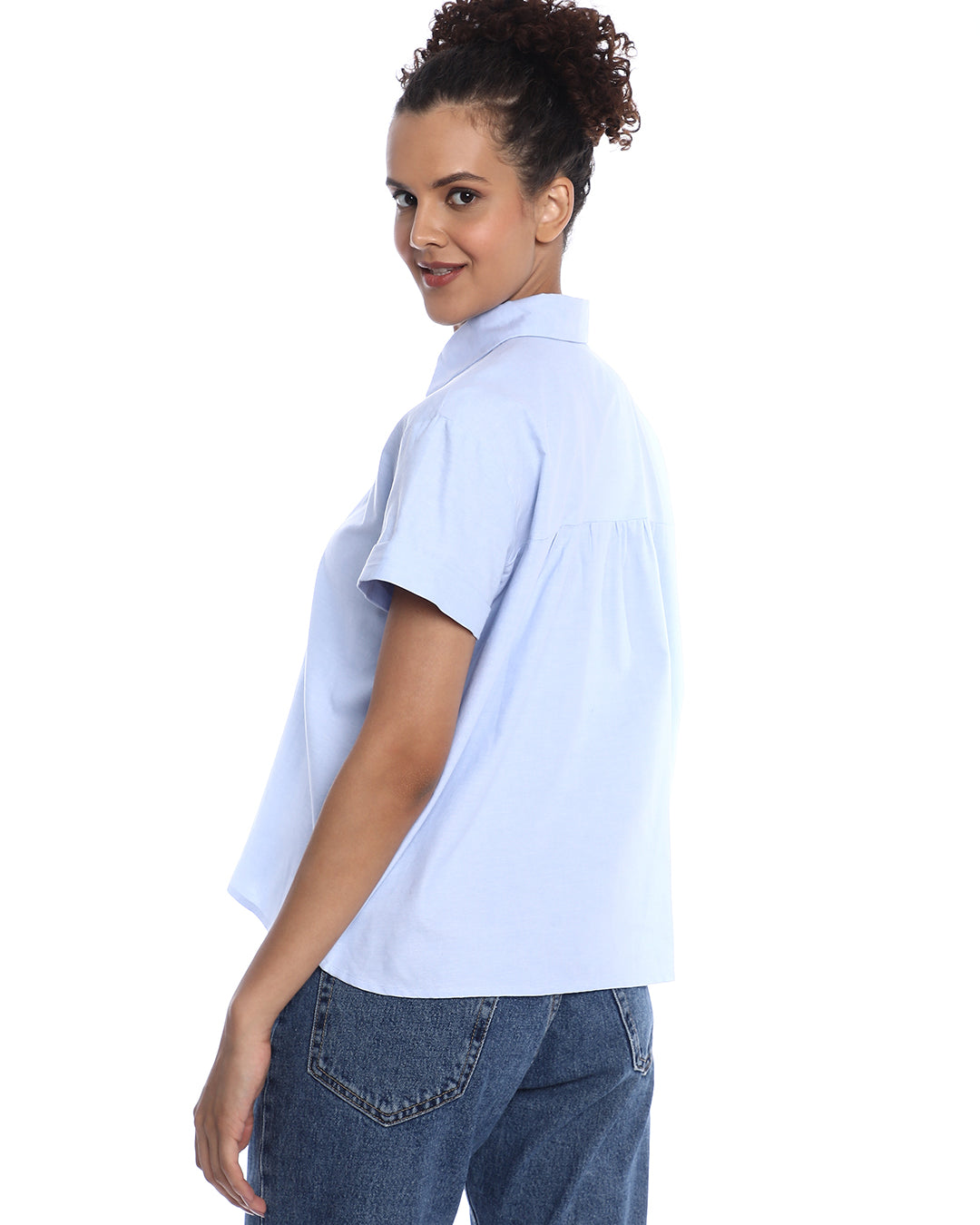 Bershka Sky Blue Oxford Cotton Boxy Shirt for Women - Madrid Fit from GAZILLION - Back Look