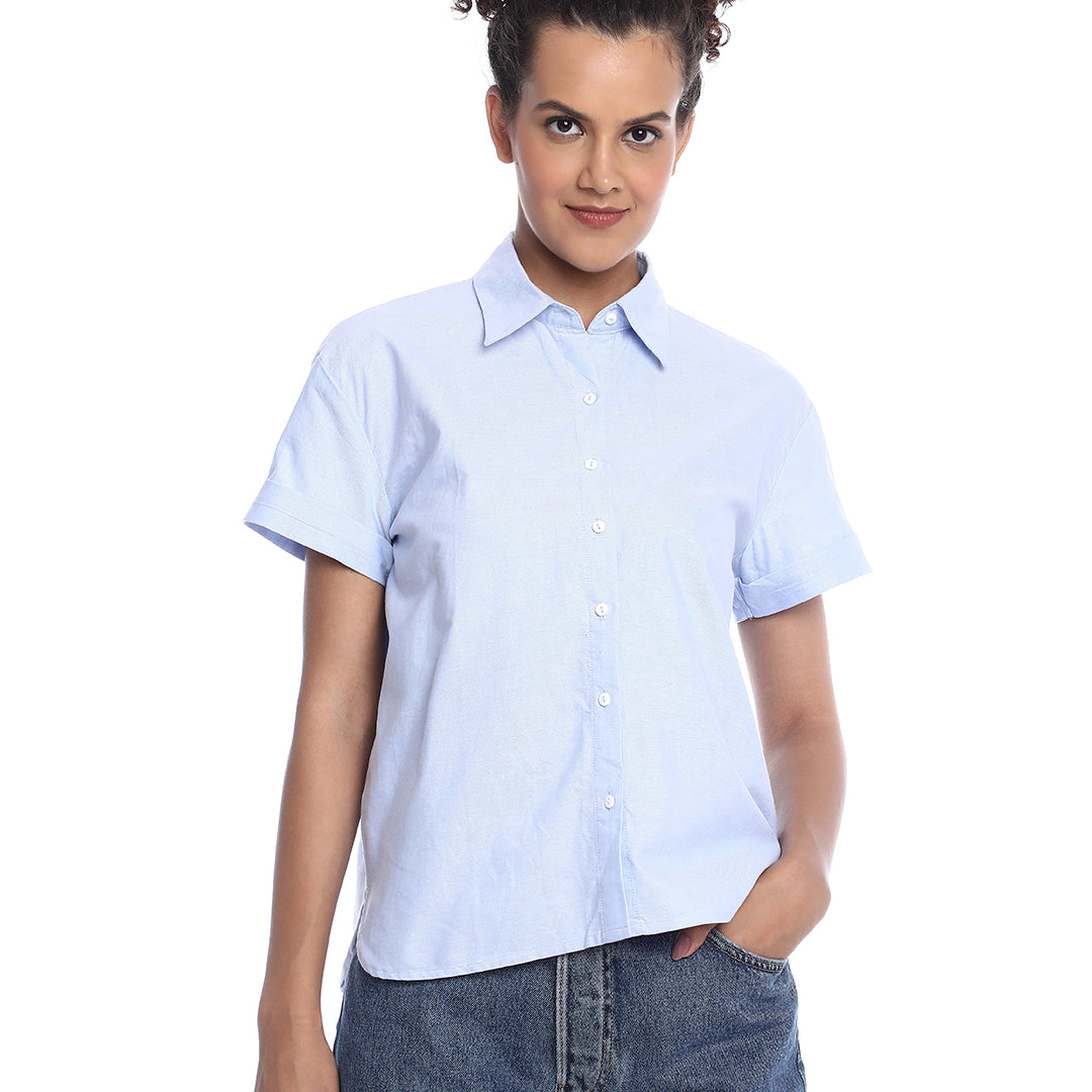 Bershka Sky Blue Oxford Cotton Boxy Shirt for Women - Madrid Fit from GAZILLION - Front Look