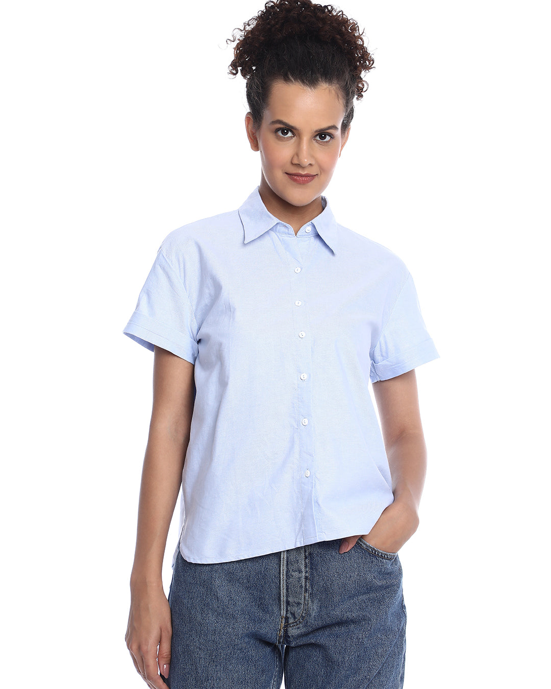 Bershka Sky Blue Oxford Cotton Boxy Shirt for Women - Madrid Fit from GAZILLION - Front Look