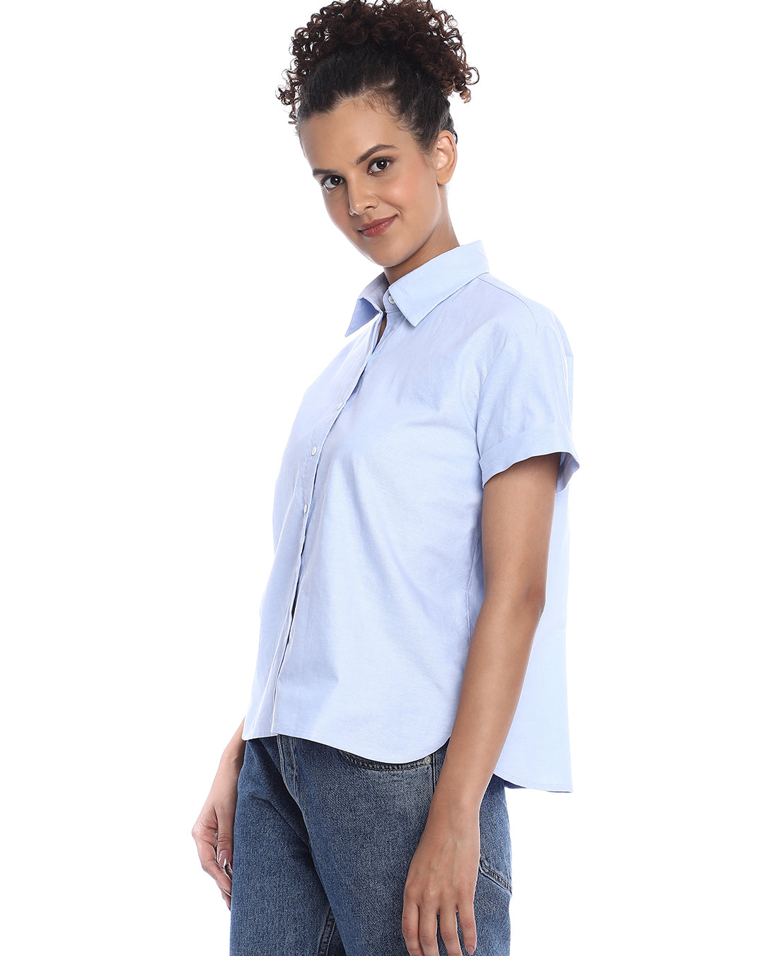 Bershka Sky Blue Oxford Cotton Boxy Shirt for Women - Madrid Fit from GAZILLION - Left Side Look