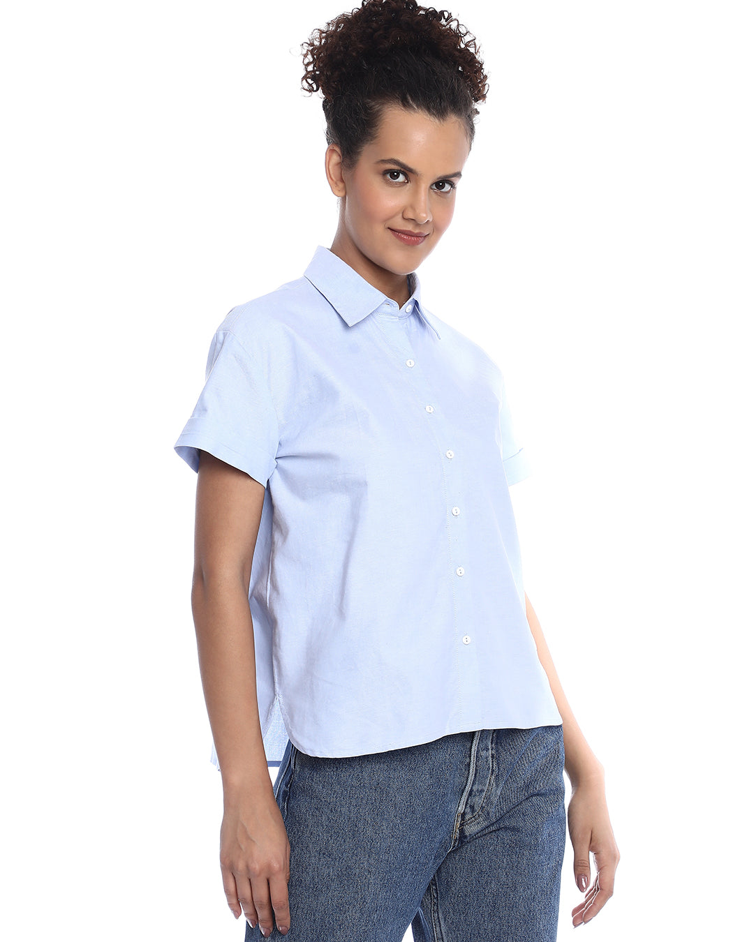 Bershka Sky Blue Oxford Cotton Boxy Shirt for Women - Madrid Fit from GAZILLION - Right Side Look