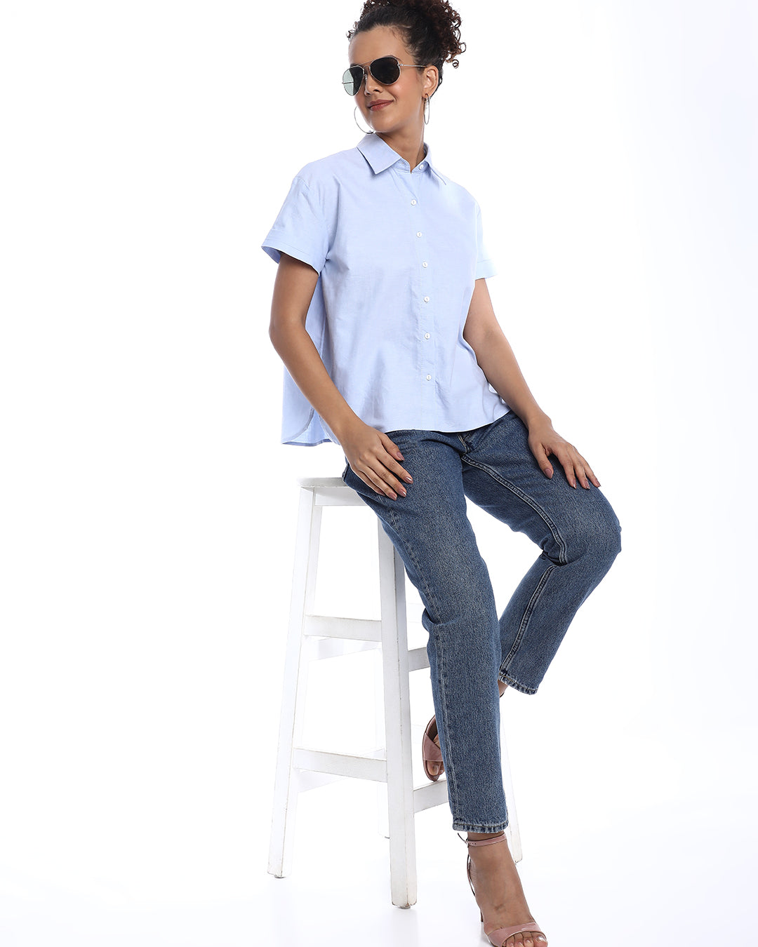 Bershka Sky Blue Oxford Cotton Boxy Shirt for Women - Madrid Fit from GAZILLION - Stylised Seated Look