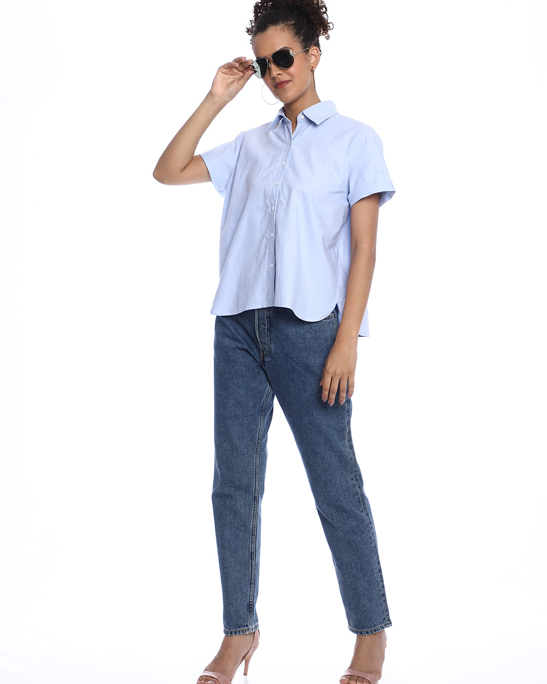 Bershka Sky Blue Oxford Cotton Boxy Shirt for Women - Madrid Fit from GAZILLION - Stylised Standing Look