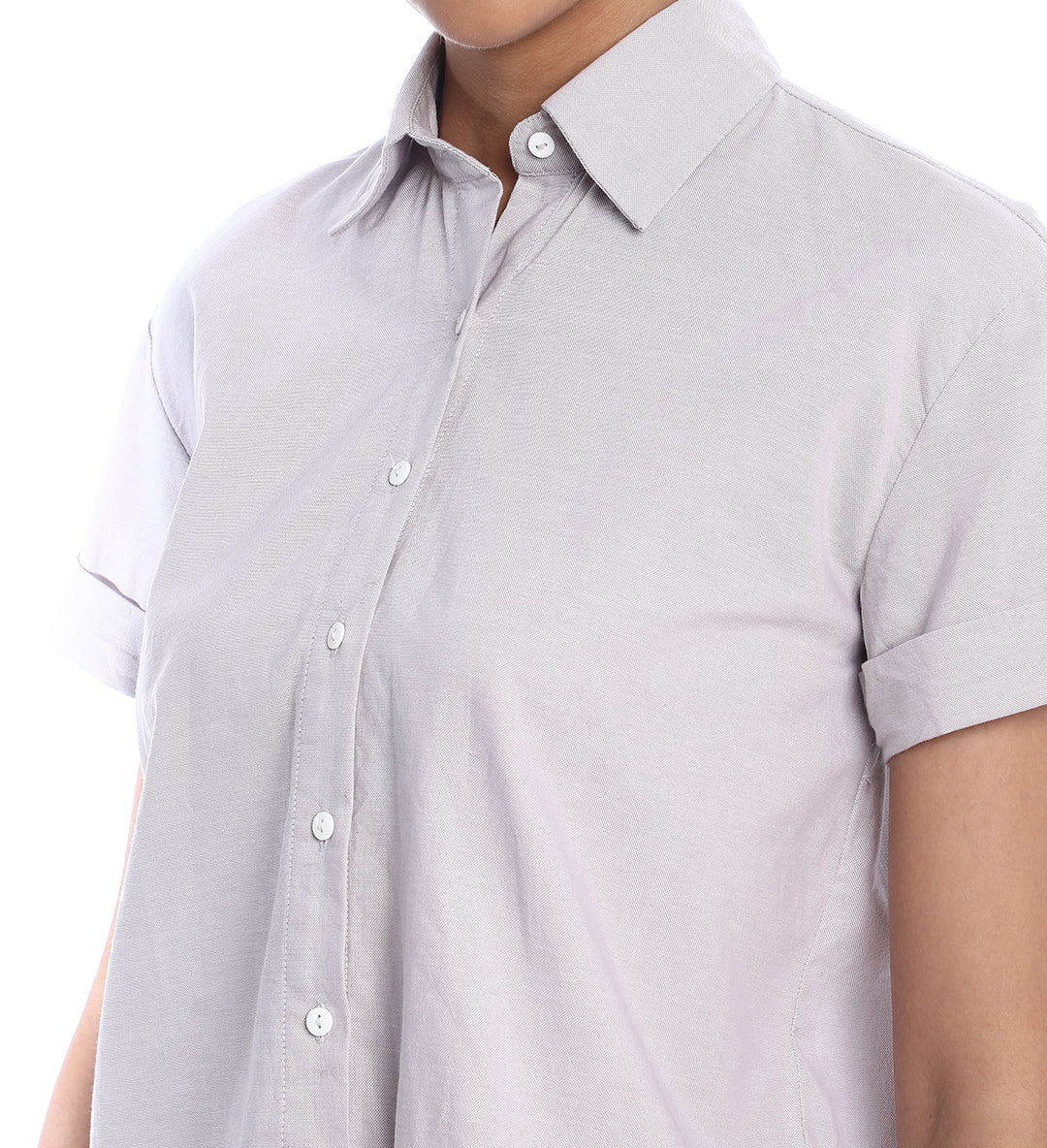 Bershka Stone Grey Oxford Cotton Boxy Shirt for Women - Madrid Fit from GAZILLION - Front Detail