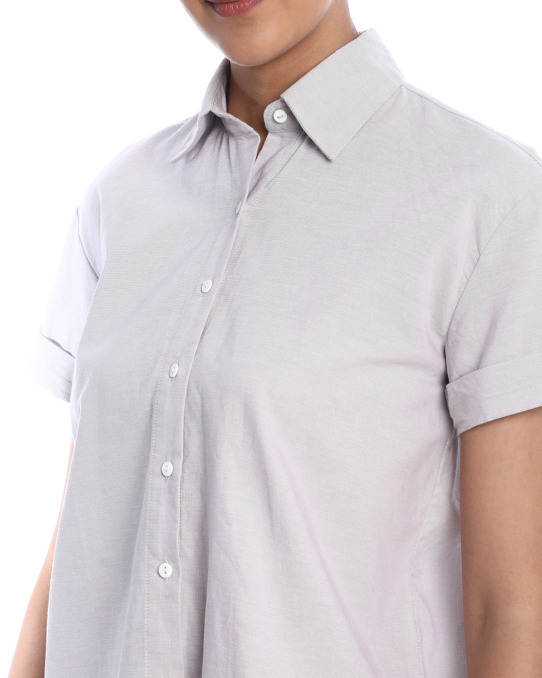 Bershka Stone Grey Oxford Cotton Boxy Shirt for Women - Madrid Fit from GAZILLION - Front Detail