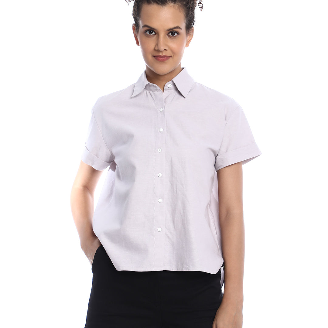 Bershka Stone Grey Oxford Cotton Boxy Shirt for Women - Madrid Fit from GAZILLION - Front Look