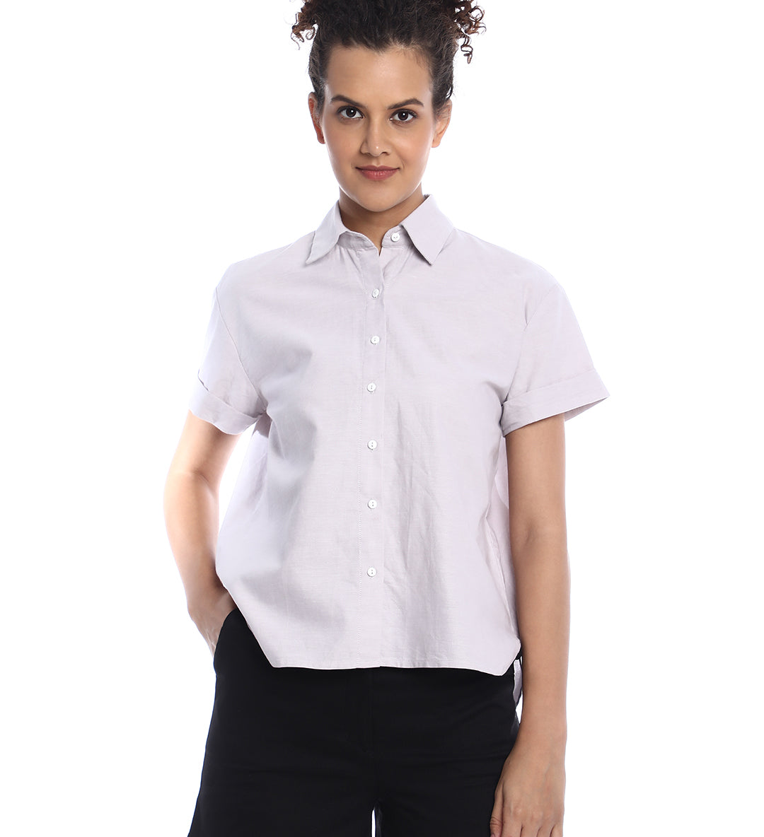 Bershka Stone Grey Oxford Cotton Boxy Shirt for Women - Madrid Fit from GAZILLION - Front Look