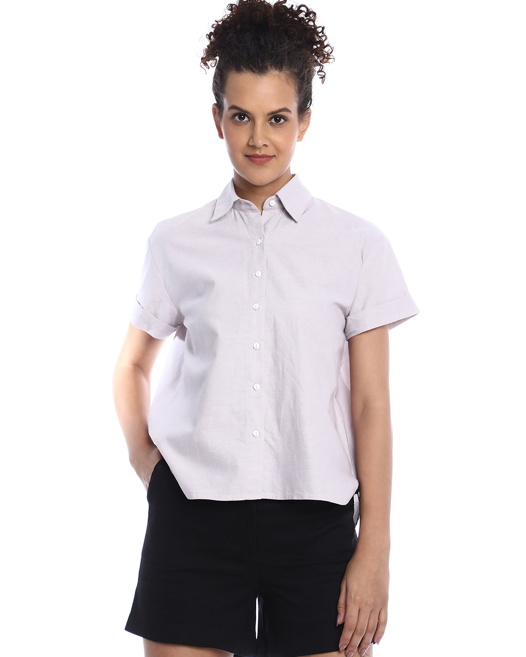 Bershka Stone Grey Oxford Cotton Boxy Shirt for Women - Madrid Fit from GAZILLION - Front Look