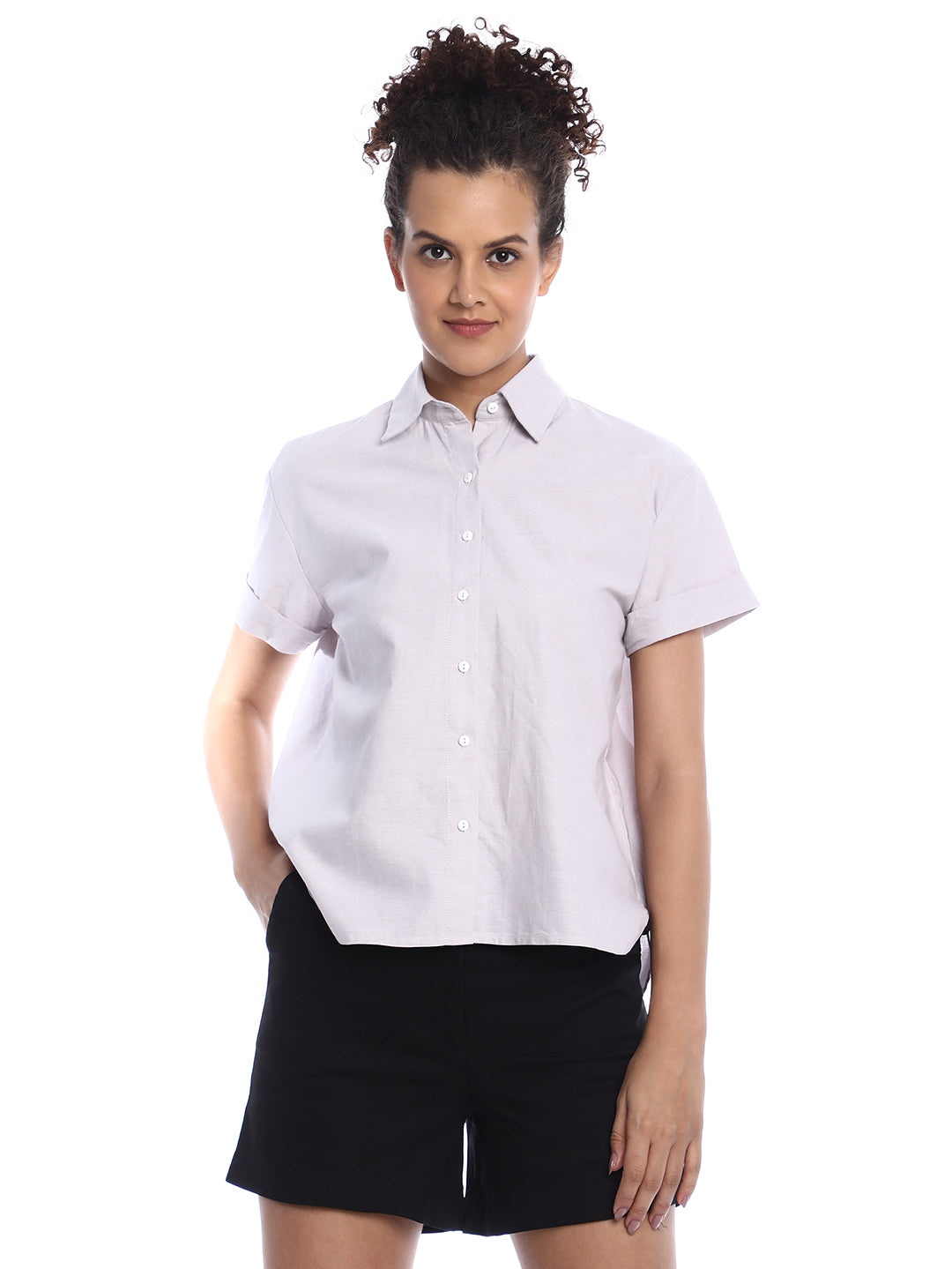 Bershka Stone Grey Oxford Cotton Boxy Shirt for Women - Madrid Fit from GAZILLION - Front Look