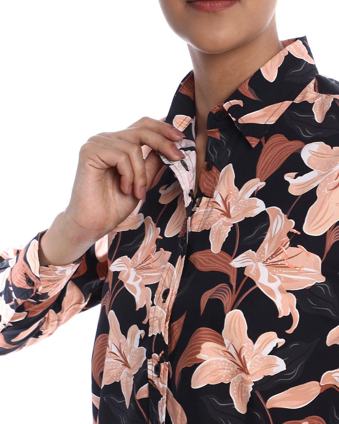 Bethany Dark Floral Print Cotton Shirt for Women - Zurich Fit from GAZILLION - Dignity Button Detail