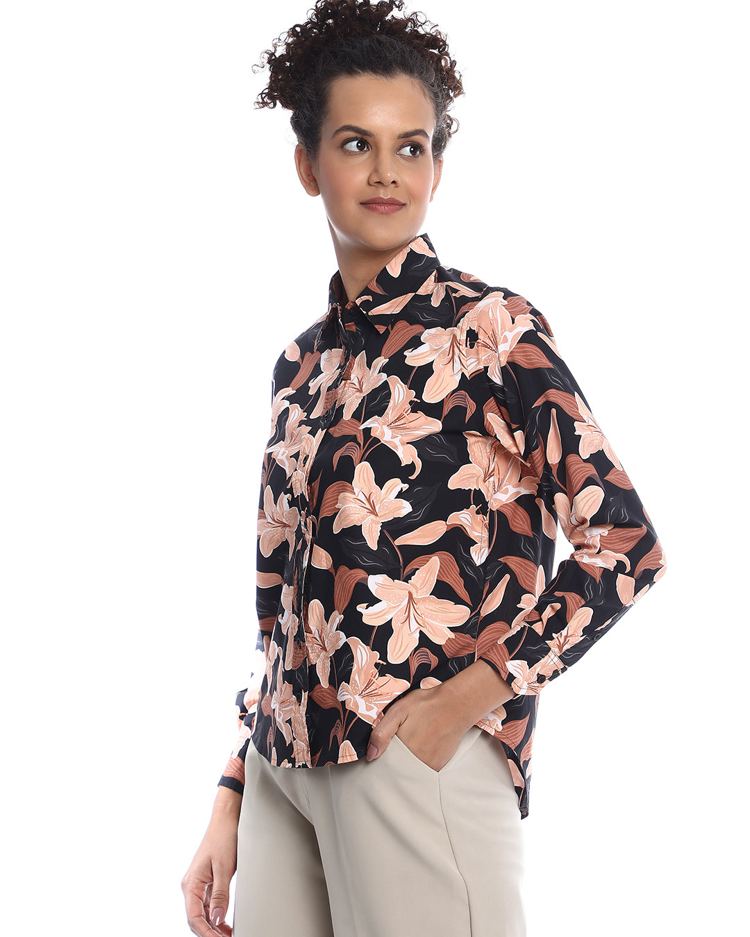 Bethany Dark Floral Print Cotton Shirt for Women - Zurich Fit from GAZILLION - Left Side Look