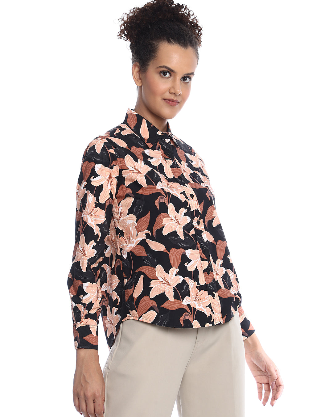 Bethany Dark Floral Print Cotton Shirt for Women - Zurich Fit from GAZILLION - Right Side Look