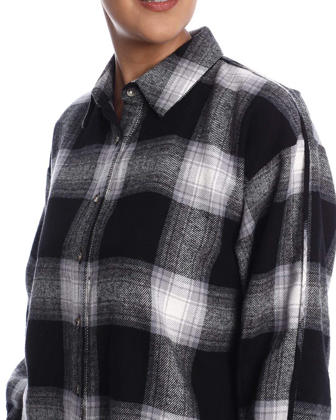 Bianca Black Brushed Cotton Checks Drop Shoulder Shirt for Women - Paris Fit from GAZILLION - Front Detail
