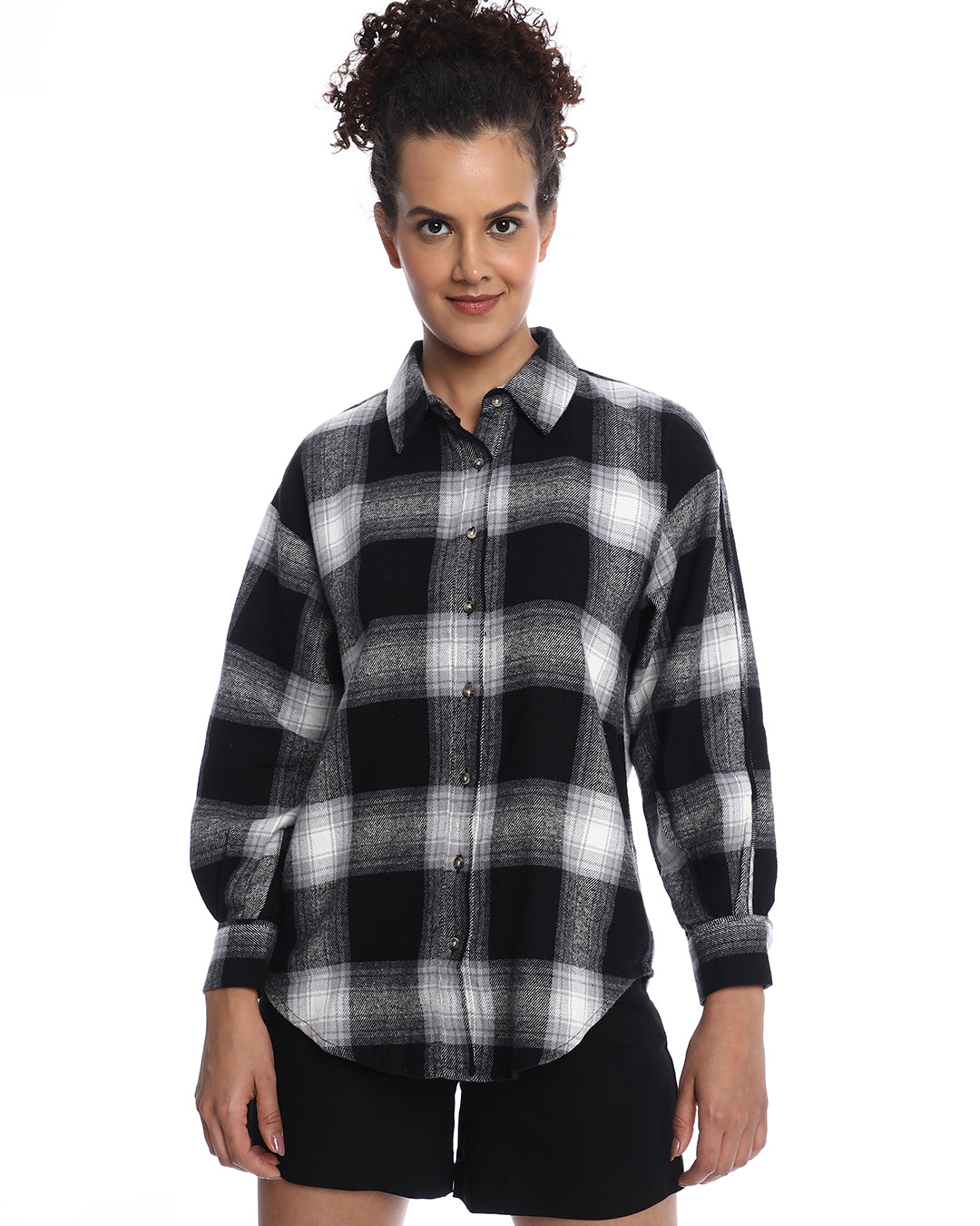 Bianca Black Brushed Cotton Checks Drop Shoulder Shirt for Women - Paris Fit from GAZILLION - Front Look
