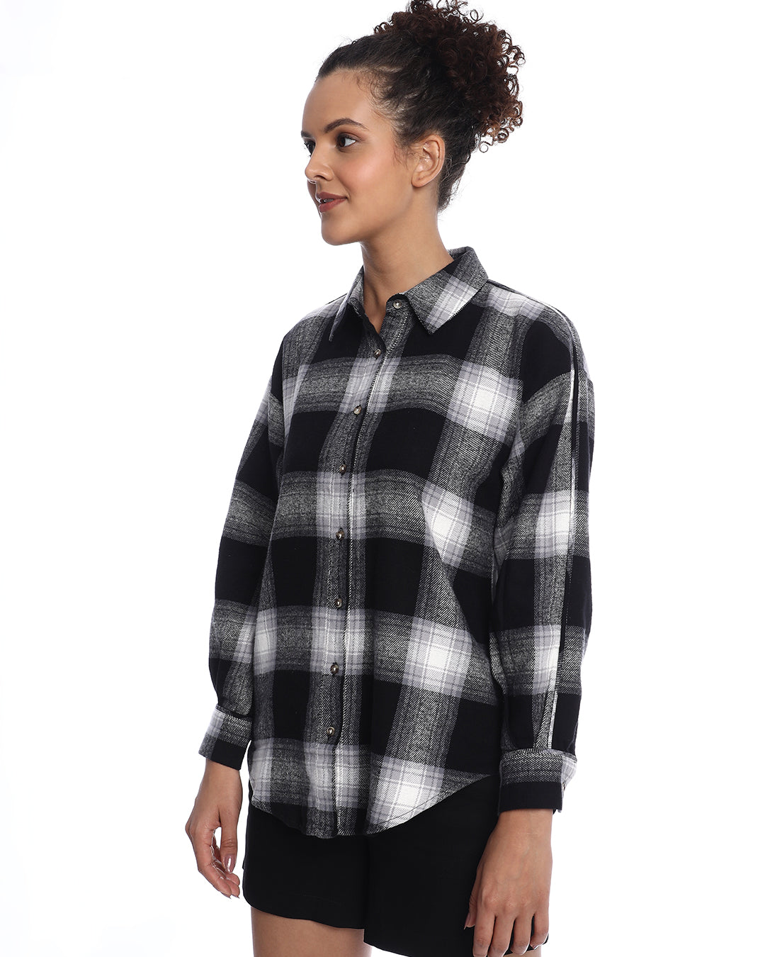 Bianca Black Brushed Cotton Checks Drop Shoulder Shirt for Women - Paris Fit from GAZILLION - Left Side Look