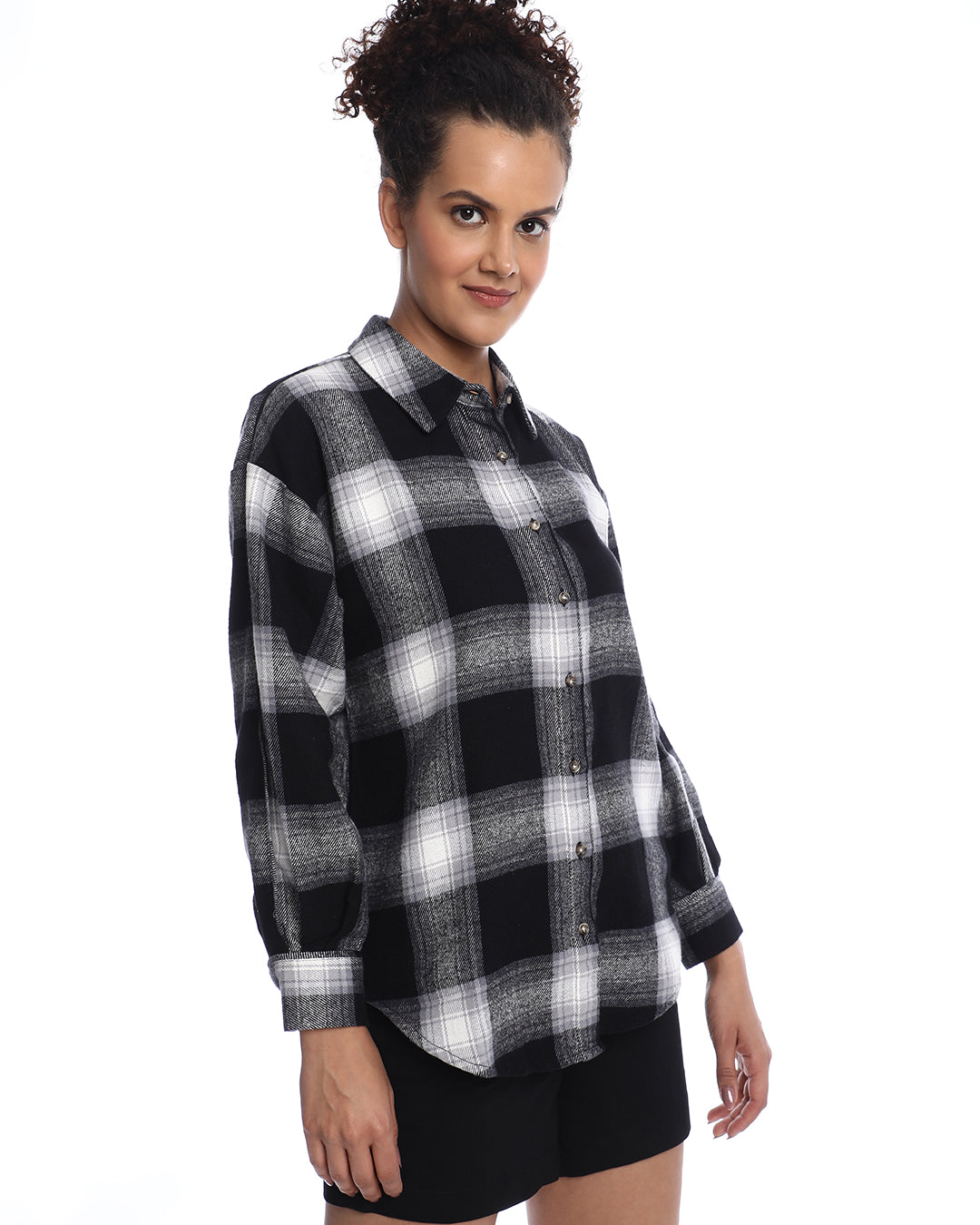 Bianca Black Brushed Cotton Checks Drop Shoulder Shirt for Women - Paris Fit from GAZILLION - Right Side Look