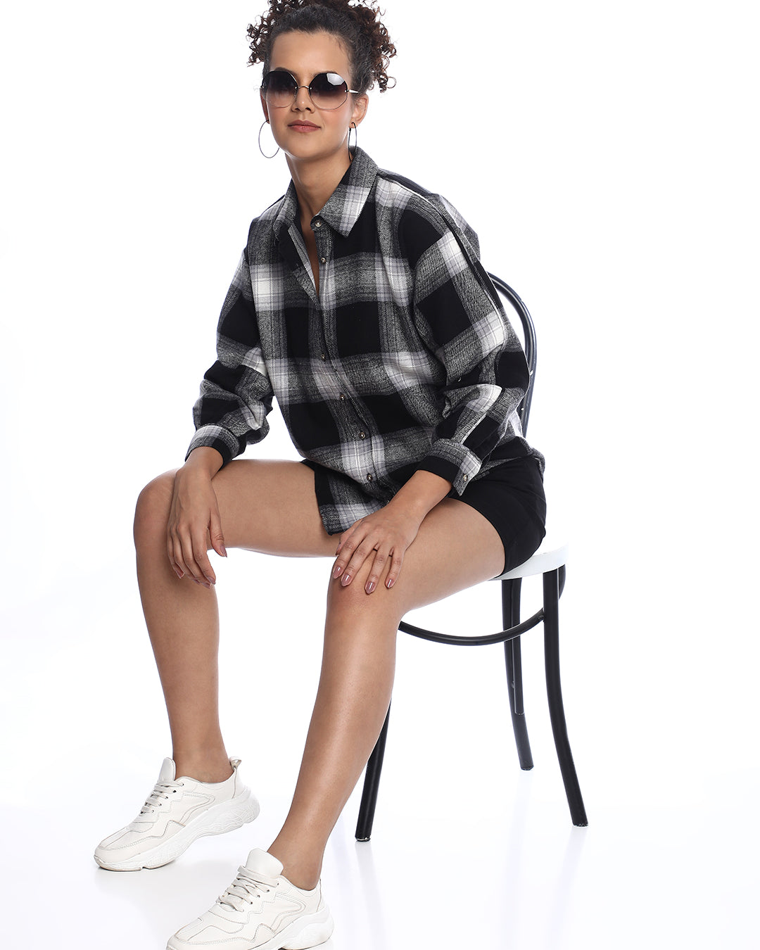 Bianca Black Brushed Cotton Checks Drop Shoulder Shirt for Women - Paris Fit from GAZILLION - Stylised Seated Look
