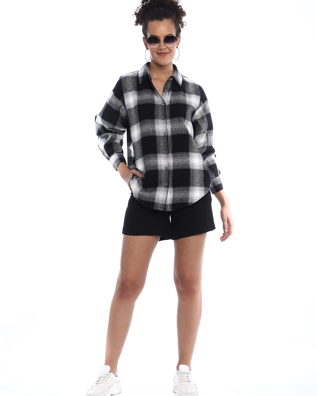 Bianca Black Brushed Cotton Checks Drop Shoulder Shirt for Women - Paris Fit from GAZILLION - Stylised Standing Look