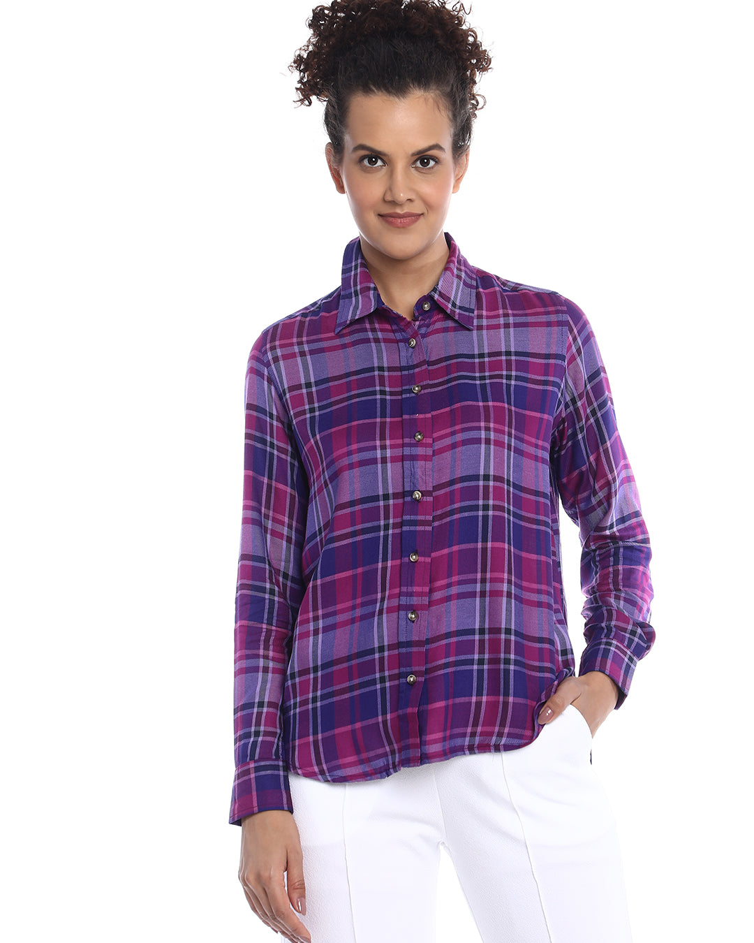 Bina Purple Checks Soft Viscose Shirt for Women - Zurich Fit from GAZILLION - Front Look