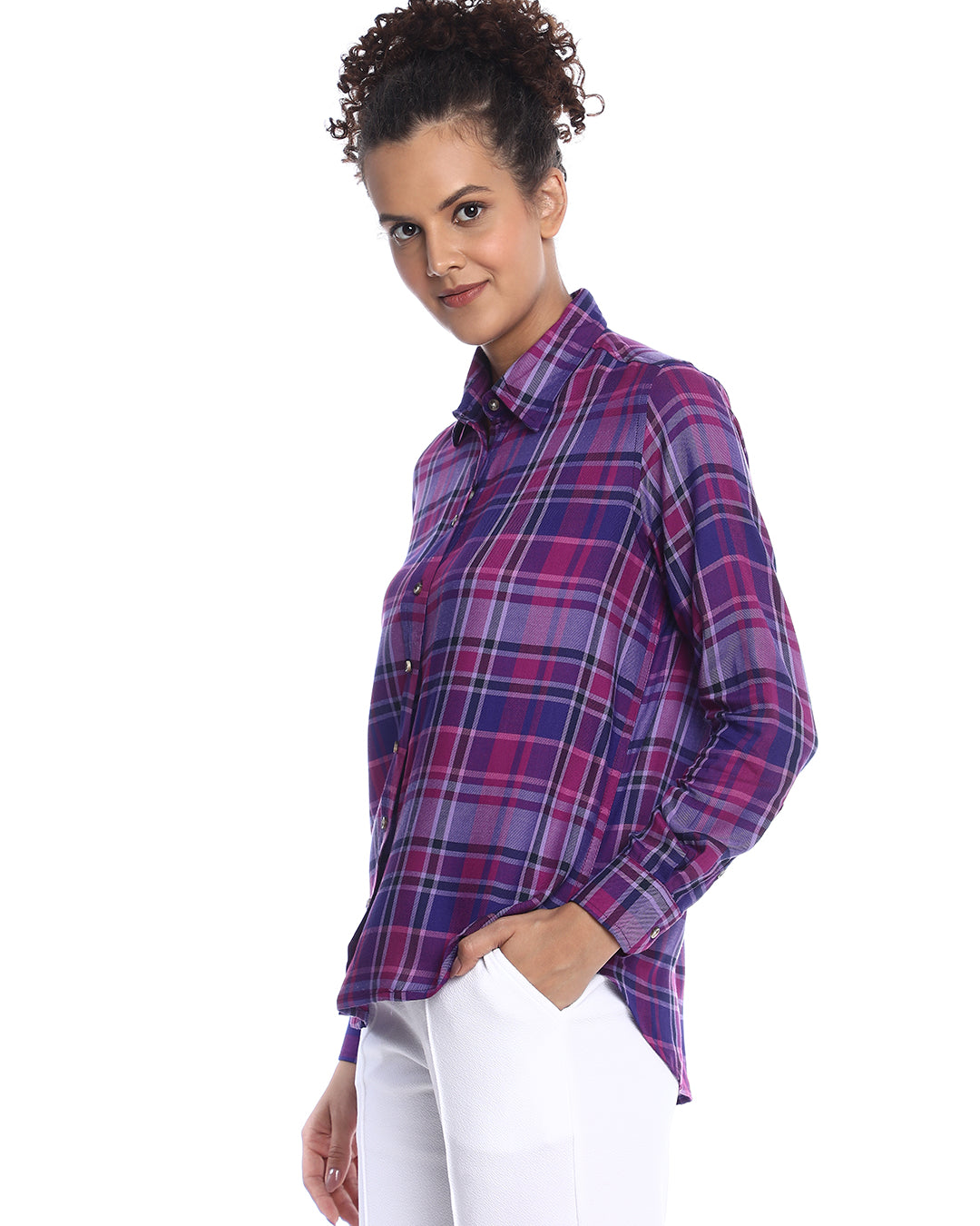 Bina Purple Checks Soft Viscose Shirt for Women - Zurich Fit from GAZILLION - Left Side Look