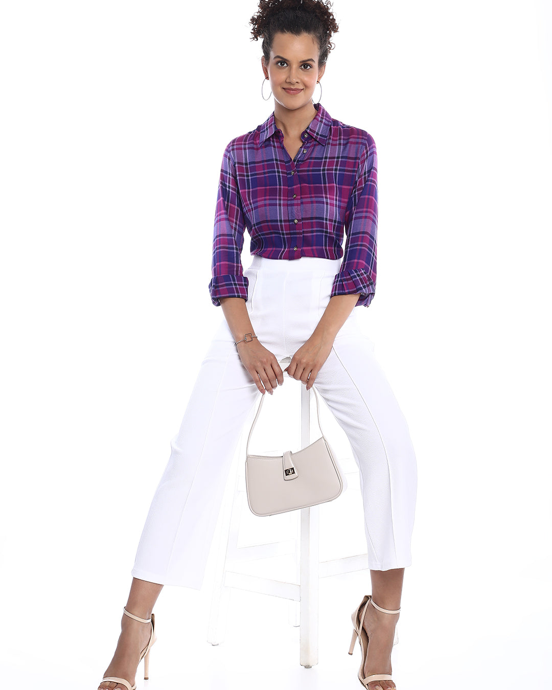 Bina Purple Checks Soft Viscose Shirt for Women - Zurich Fit from GAZILLION - Stylised Seated Look