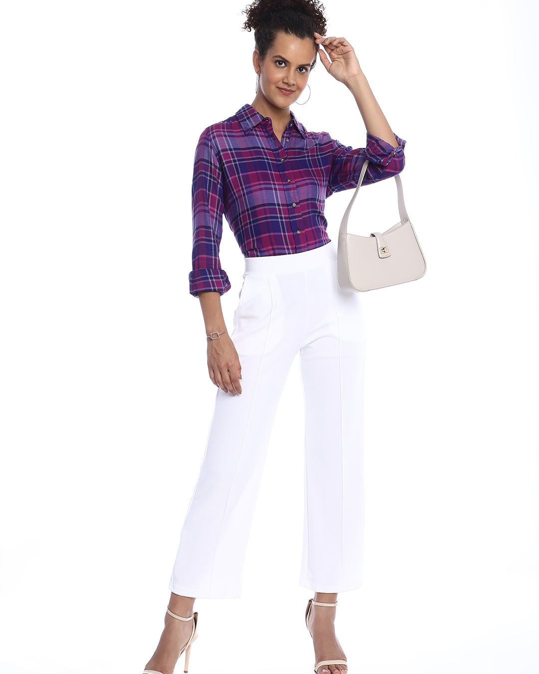 Bina Purple Checks Soft Viscose Shirt for Women - Zurich Fit from GAZILLION - Stylised Standing Look