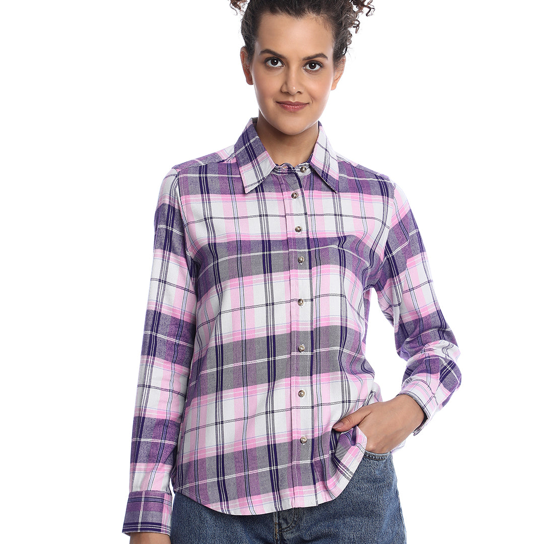 Binny Purple & Pink Checks Soft Cotton Viscose Shirt for Women - Zurich Fit from GAZILLION - Front Look