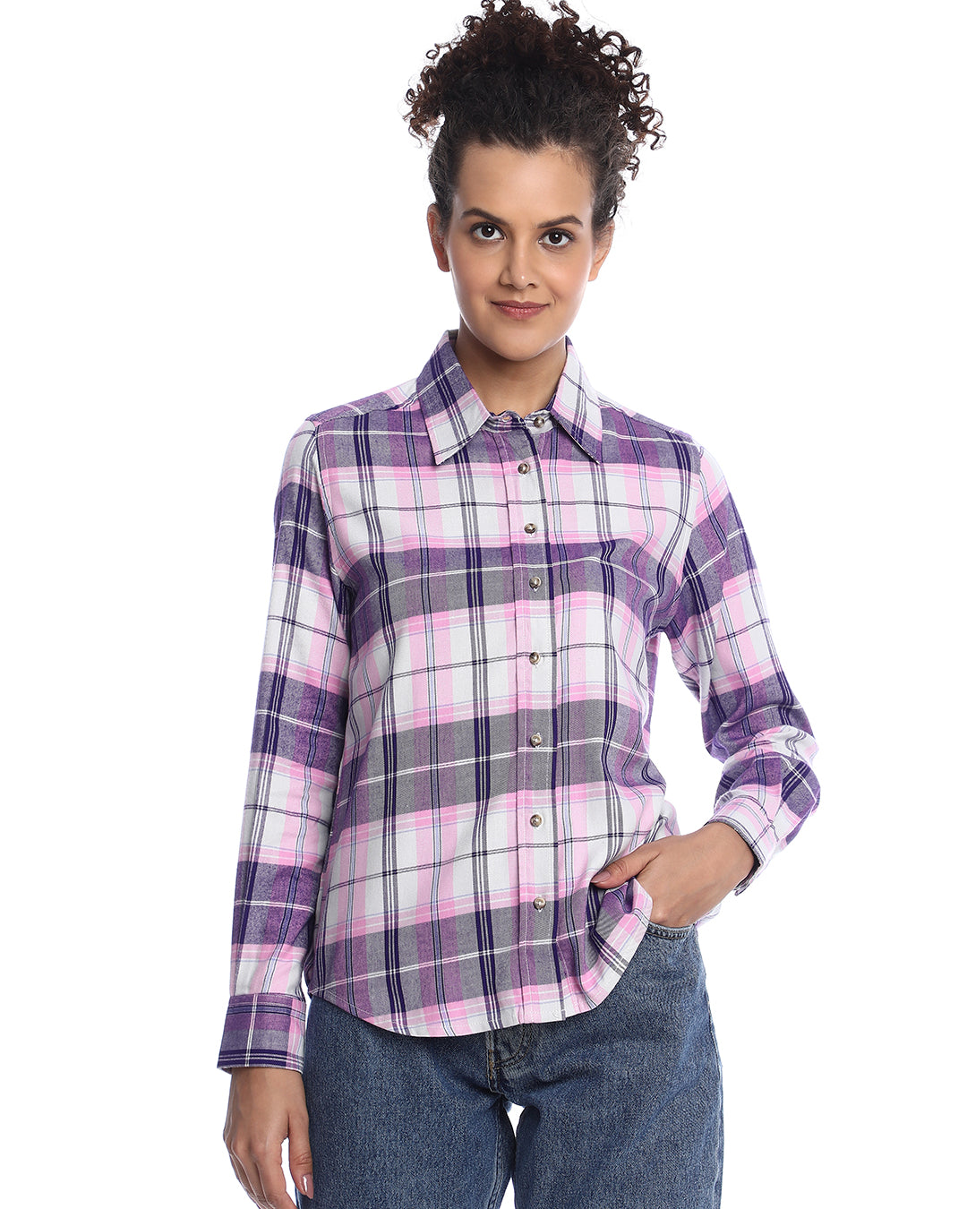 Binny Purple & Pink Checks Soft Cotton Viscose Shirt for Women - Zurich Fit from GAZILLION - Front Look