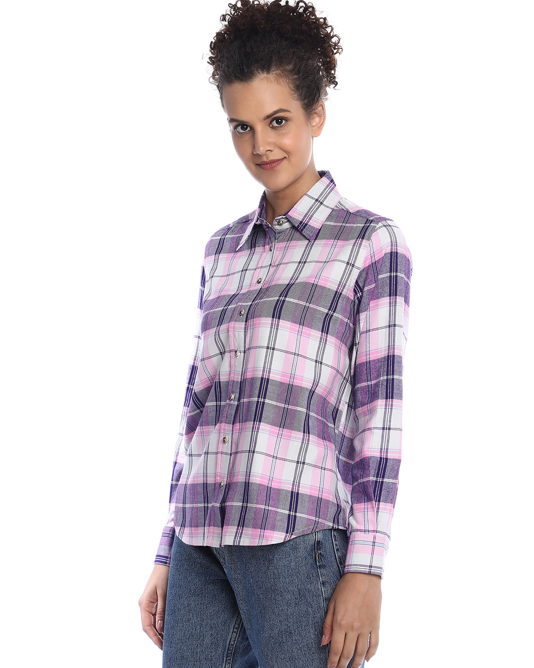 Binny Purple & Pink Checks Soft Cotton Viscose Shirt for Women - Zurich Fit from GAZILLION - Left Side Look