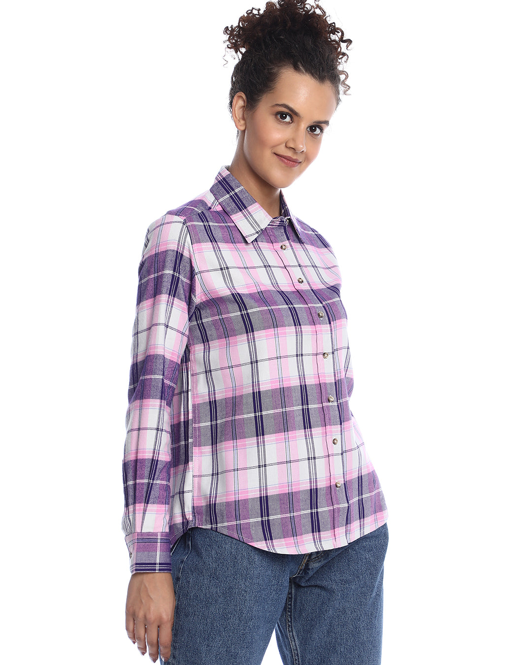 Binny Purple & Pink Checks Soft Cotton Viscose Shirt for Women - Zurich Fit from GAZILLION - Right Side Look