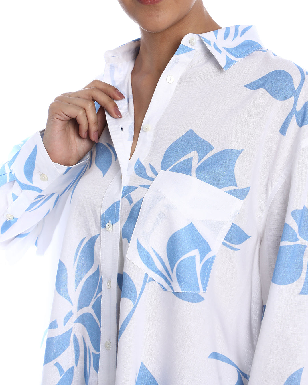 Bonnie Blue Floral Print Viscose Linen Oversized Shirt for Women - Brussels Fit from GAZILLION - Dignity Button Detail