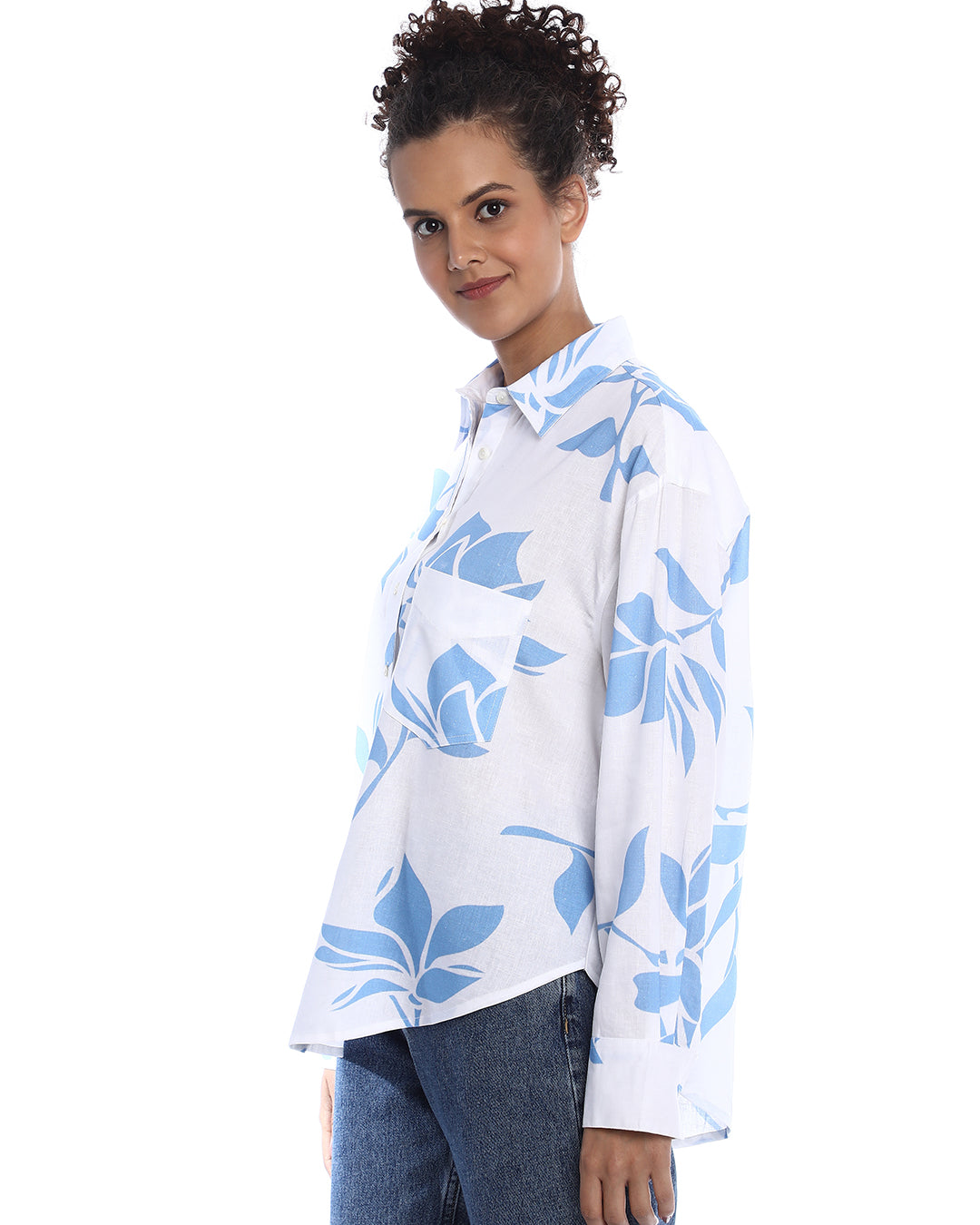 Bonnie Blue Floral Print Viscose Linen Oversized Shirt for Women - Brussels Fit from GAZILLION - Left Side Look