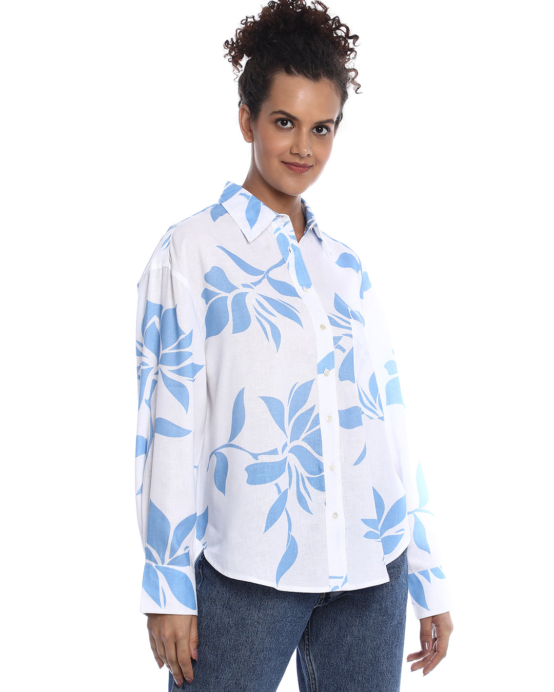 Bonnie Blue Floral Print Viscose Linen Oversized Shirt for Women - Brussels Fit from GAZILLION - Right Side Look