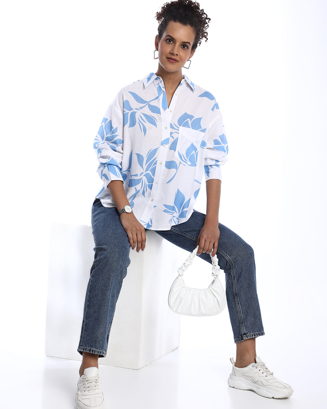 Bonnie Blue Floral Print Viscose Linen Oversized Shirt for Women - Brussels Fit from GAZILLION - Stylised Seated Look