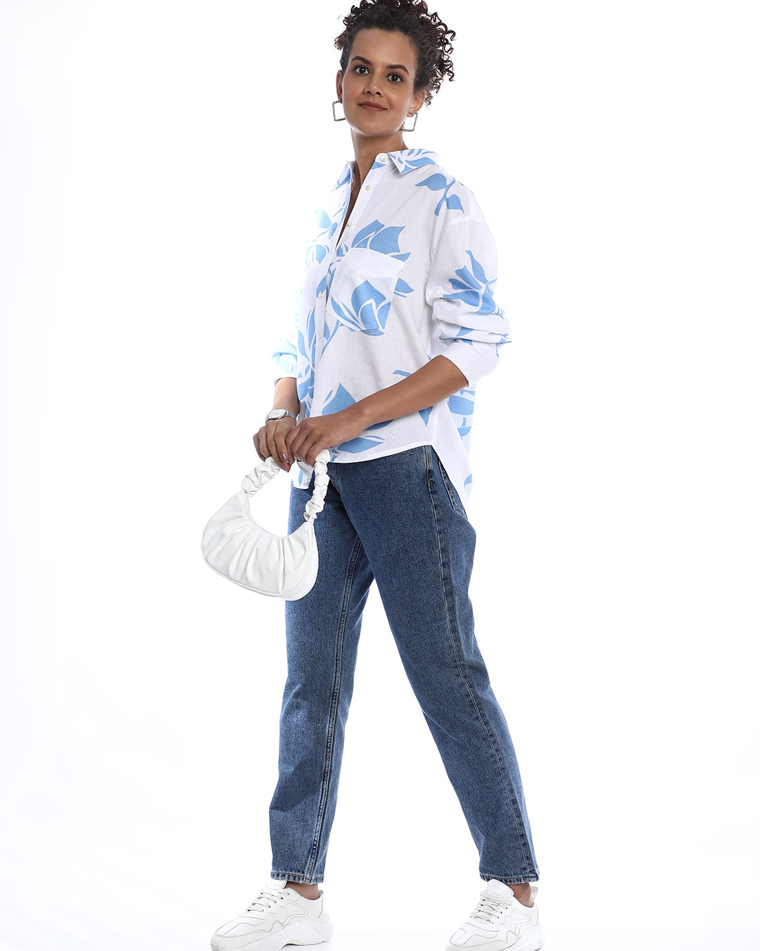 Bonnie Blue Floral Print Viscose Linen Oversized Shirt for Women - Brussels Fit from GAZILLION - Stylised Standing Look