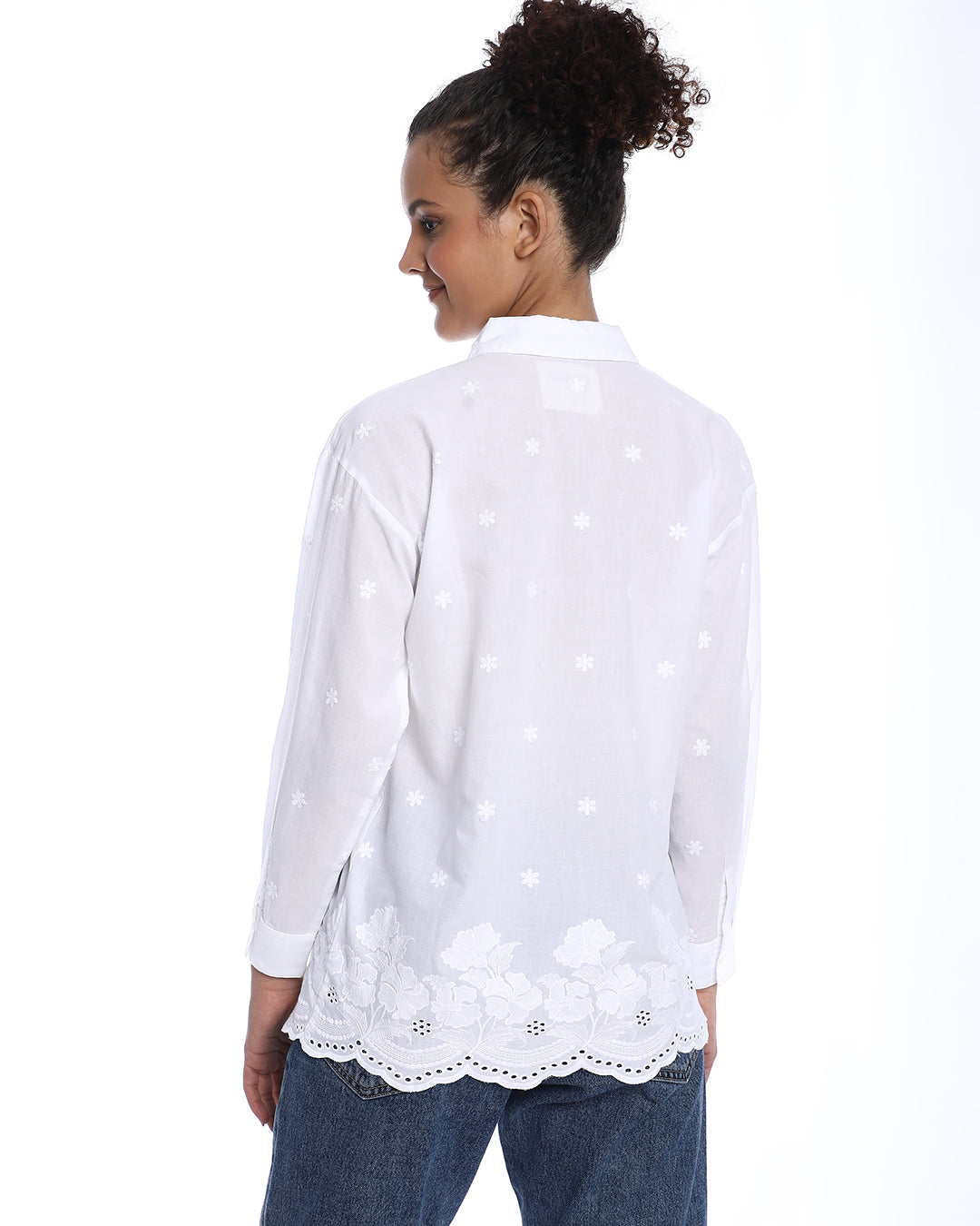 Bree White Schiffli Floral Border Drop Shoulder Shirt for Women - Paris Fit from GAZILLION - Back Look