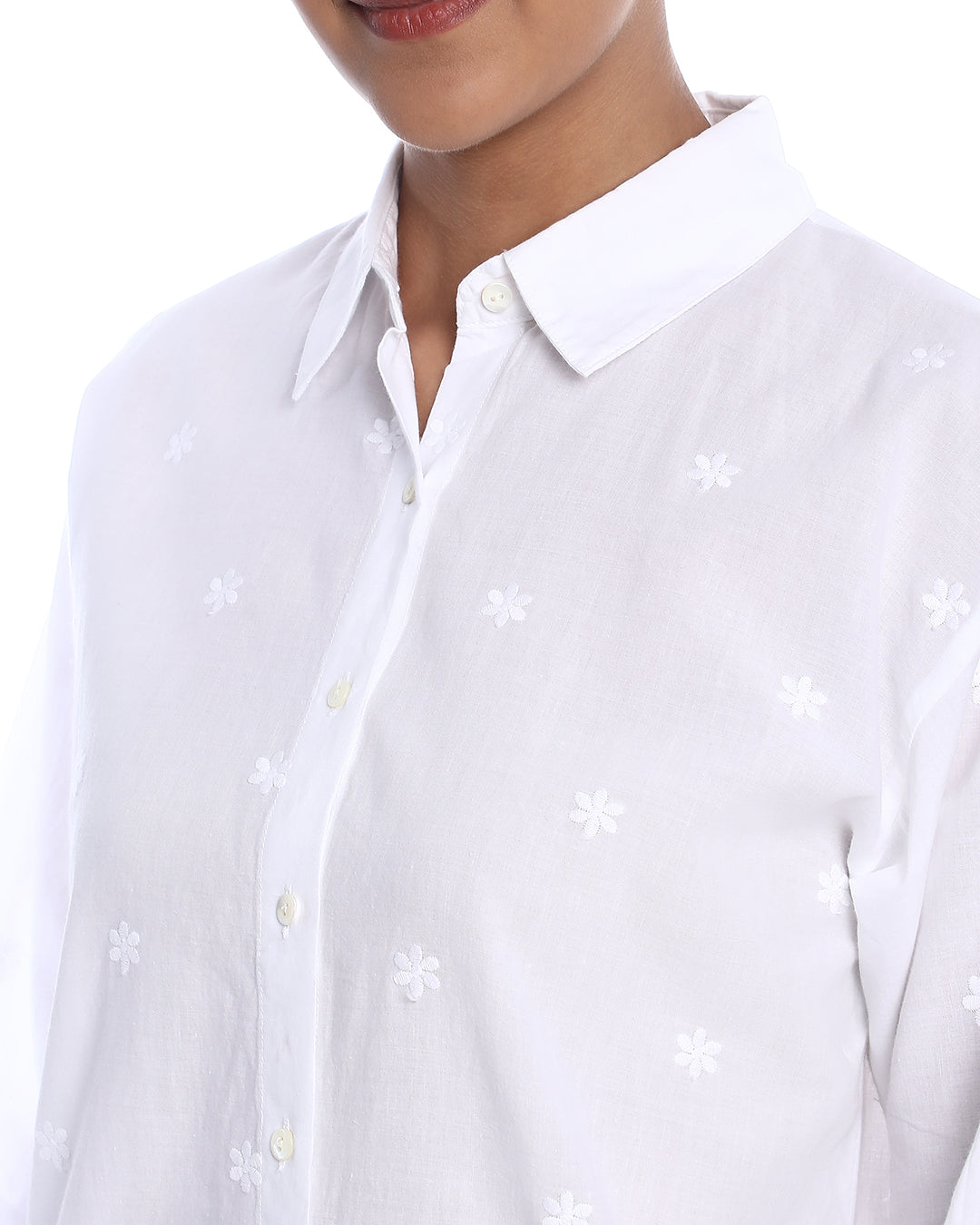 Bree White Schiffli Floral Border Drop Shoulder Shirt for Women - Paris Fit from GAZILLION- Front Detail