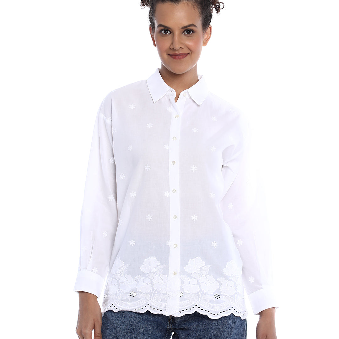 Bree White Schiffli Floral Border Drop Shoulder Shirt for Women - Paris Fit from GAZILLION - Front Look