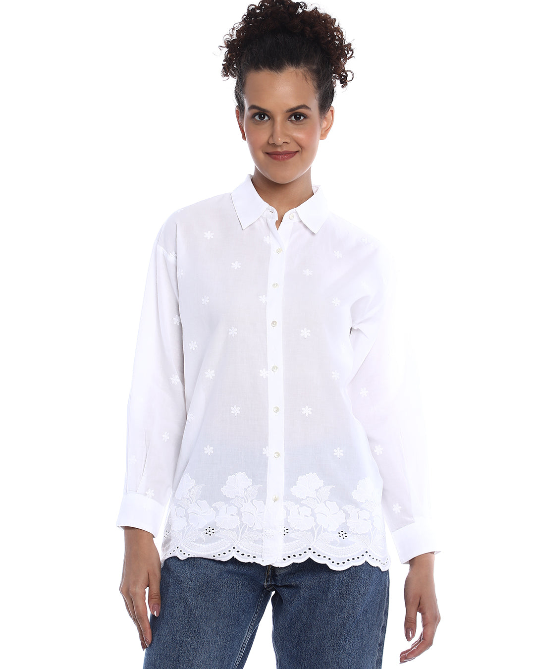Bree White Schiffli Floral Border Drop Shoulder Shirt for Women - Paris Fit from GAZILLION - Front Look