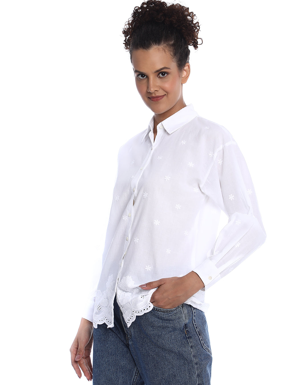 Bree White Schiffli Floral Border Drop Shoulder Shirt for Women - Paris Fit from GAZILLION - Left Side Look