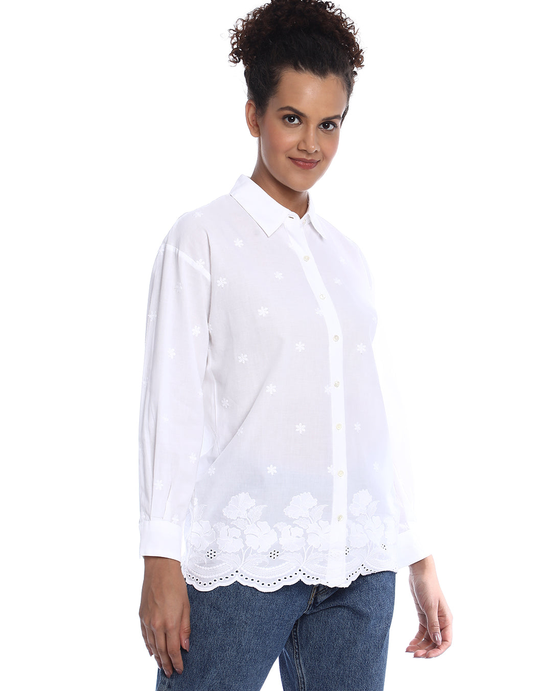 Bree White Schiffli Floral Border Drop Shoulder Shirt for Women - Paris Fit from GAZILLION - Right Side Look