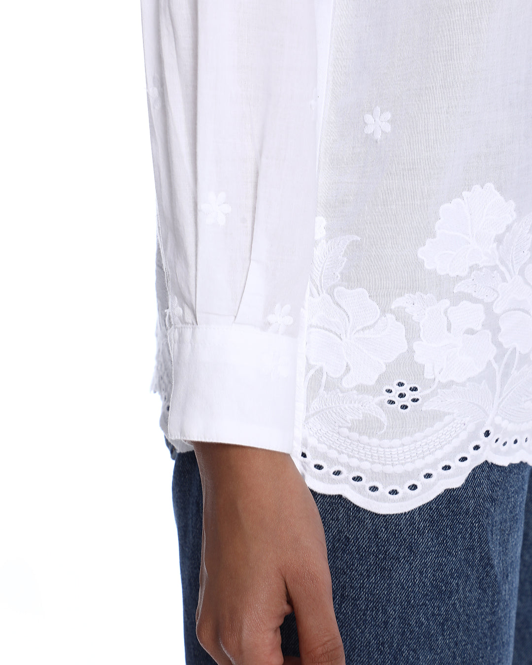 Bree White Schiffli Floral Border Drop Shoulder Shirt for Women - Paris Fit from GAZILLION - Sleeve Detail